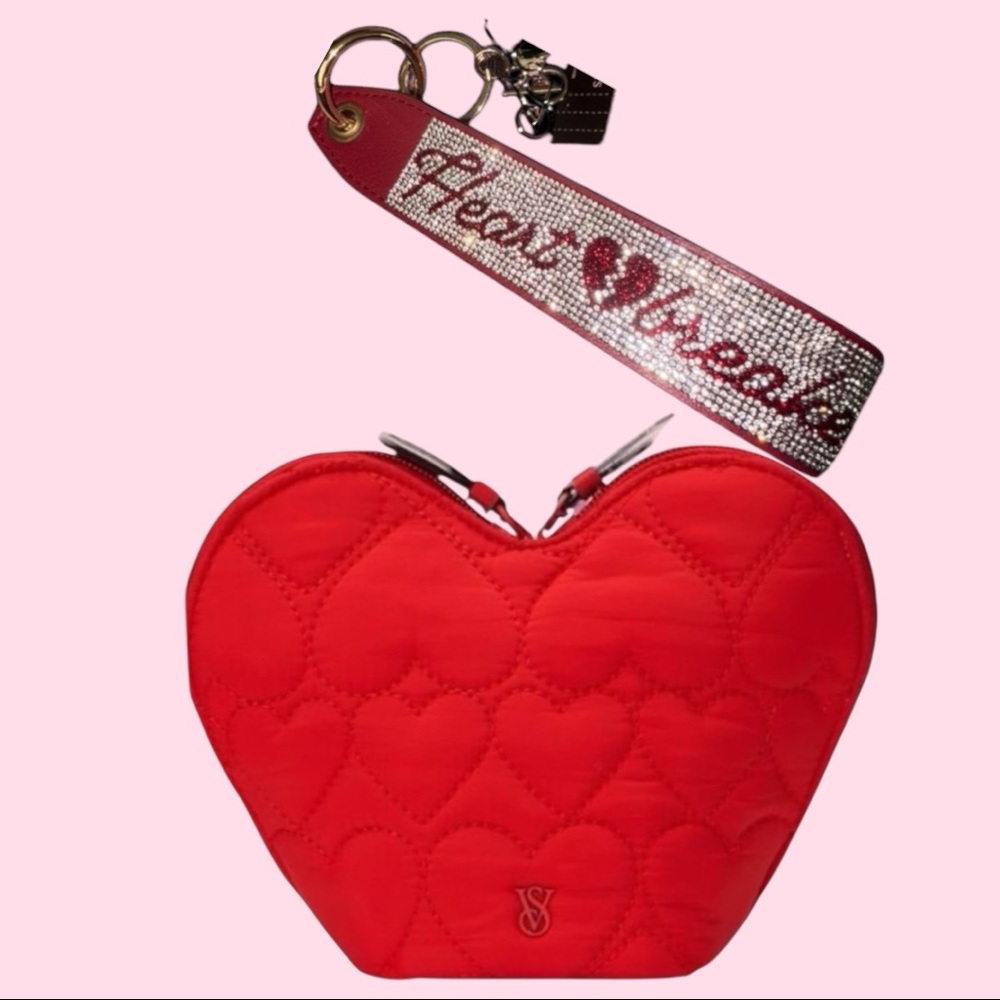 Victoria’s Secret 
Red Hearts Quilted HEART SHAPED MAKEUP CASE & Wristlet